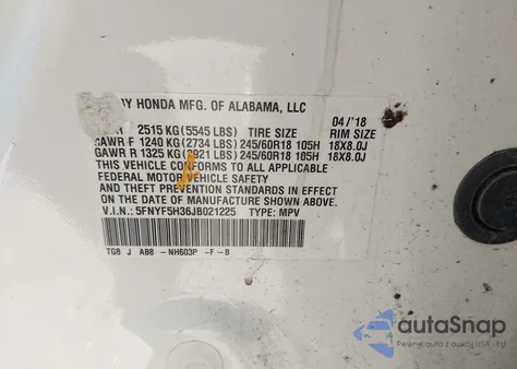 2018 Honda Pilot Ex z USA, uszkodzony, nr VIN 5FNYF5H36JB021225